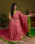 Peach Pink Checkered Pure Mysore Crepe Silk Saree