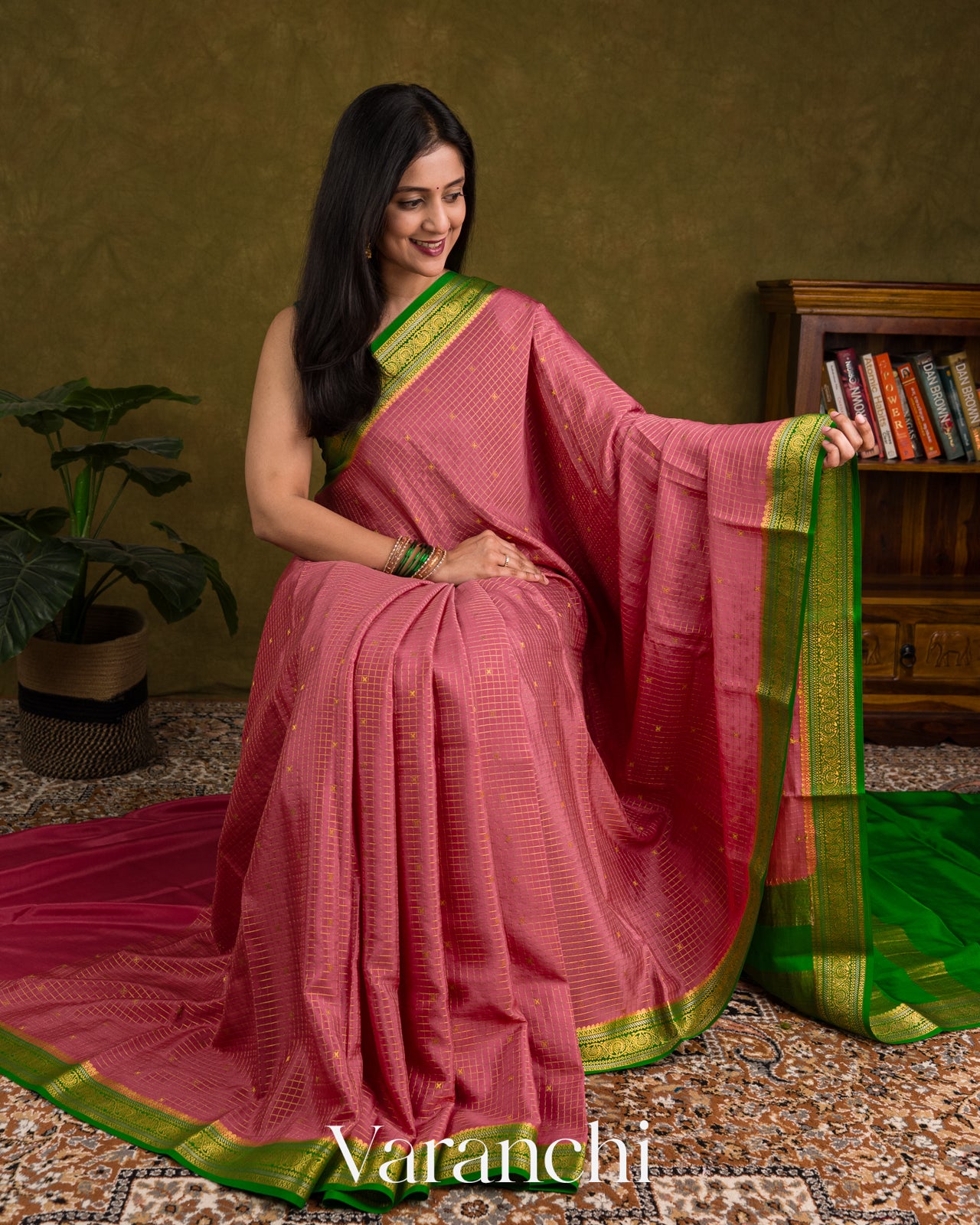 Peach Pink Checkered Pure Mysore Crepe Silk Saree