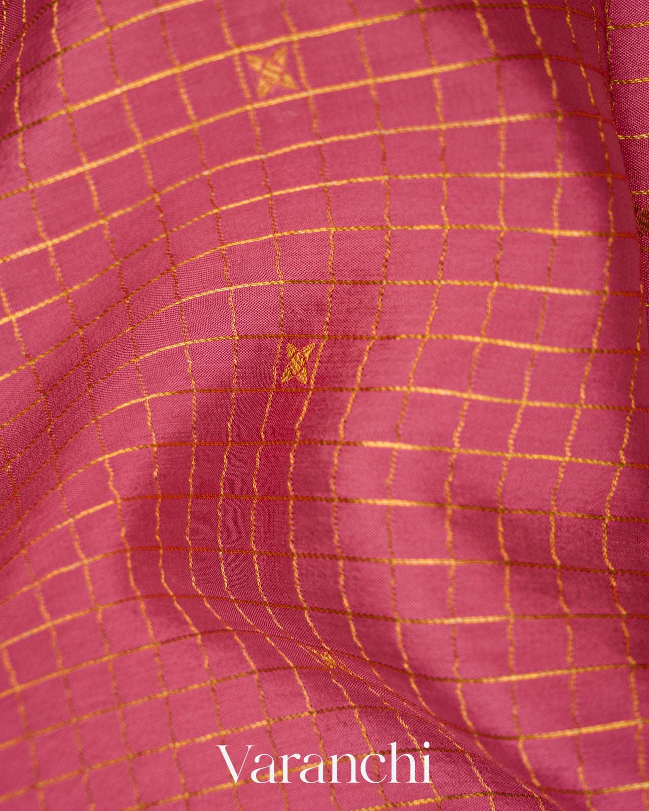 Peach Pink Checkered Pure Mysore Crepe Silk Saree