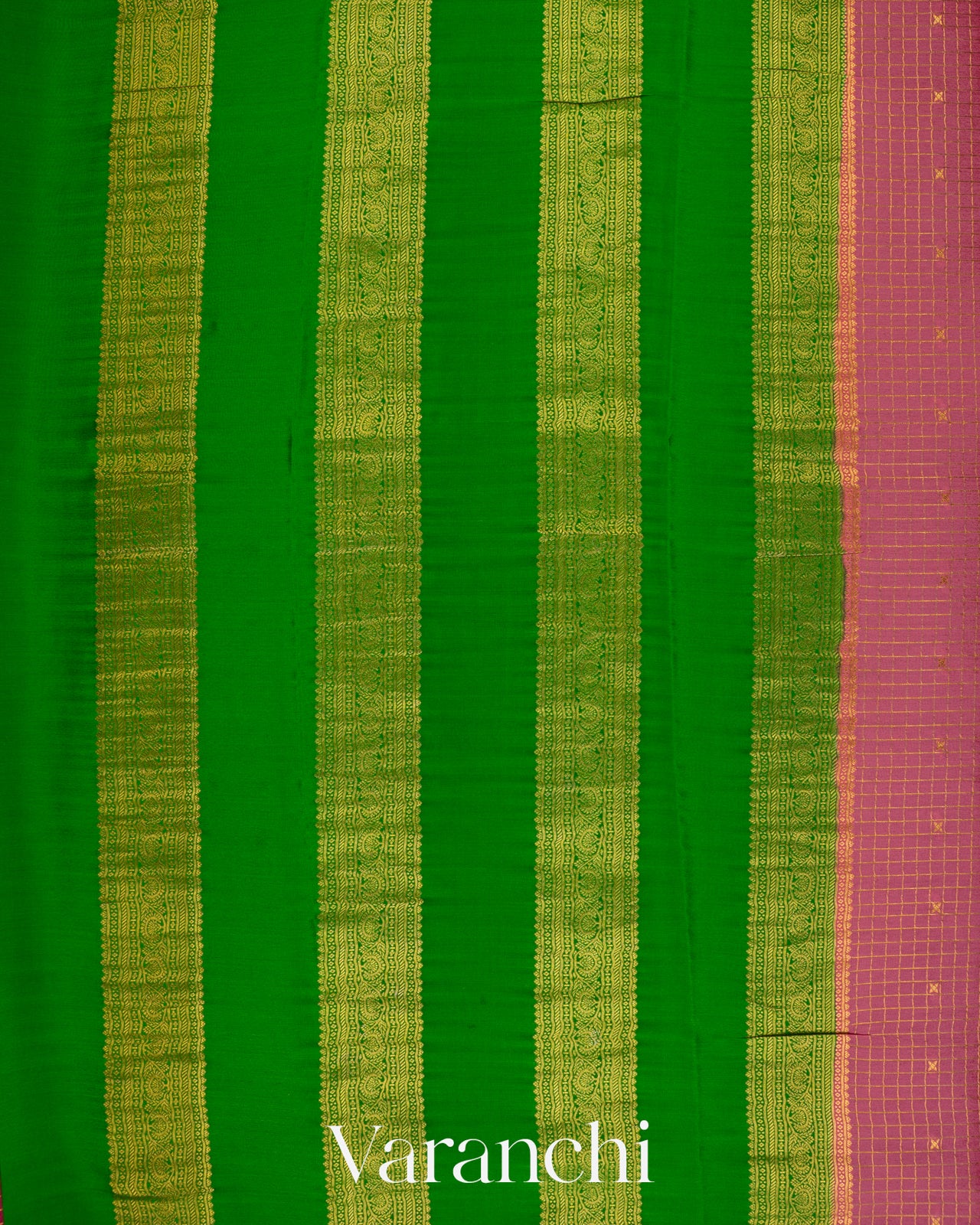 Peach Pink Checkered Pure Mysore Crepe Silk Saree