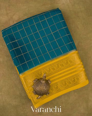 Peacock Blue Checkered Pure Mysore Crepe Silk Saree
