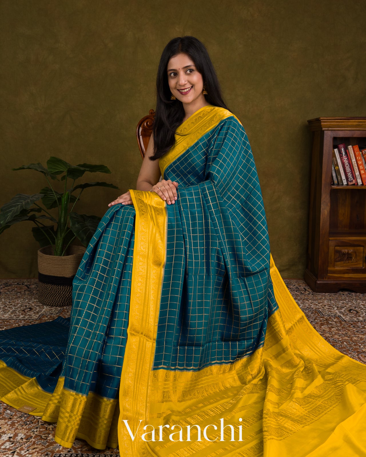 Peacock Blue Checkered Pure Mysore Crepe Silk Saree