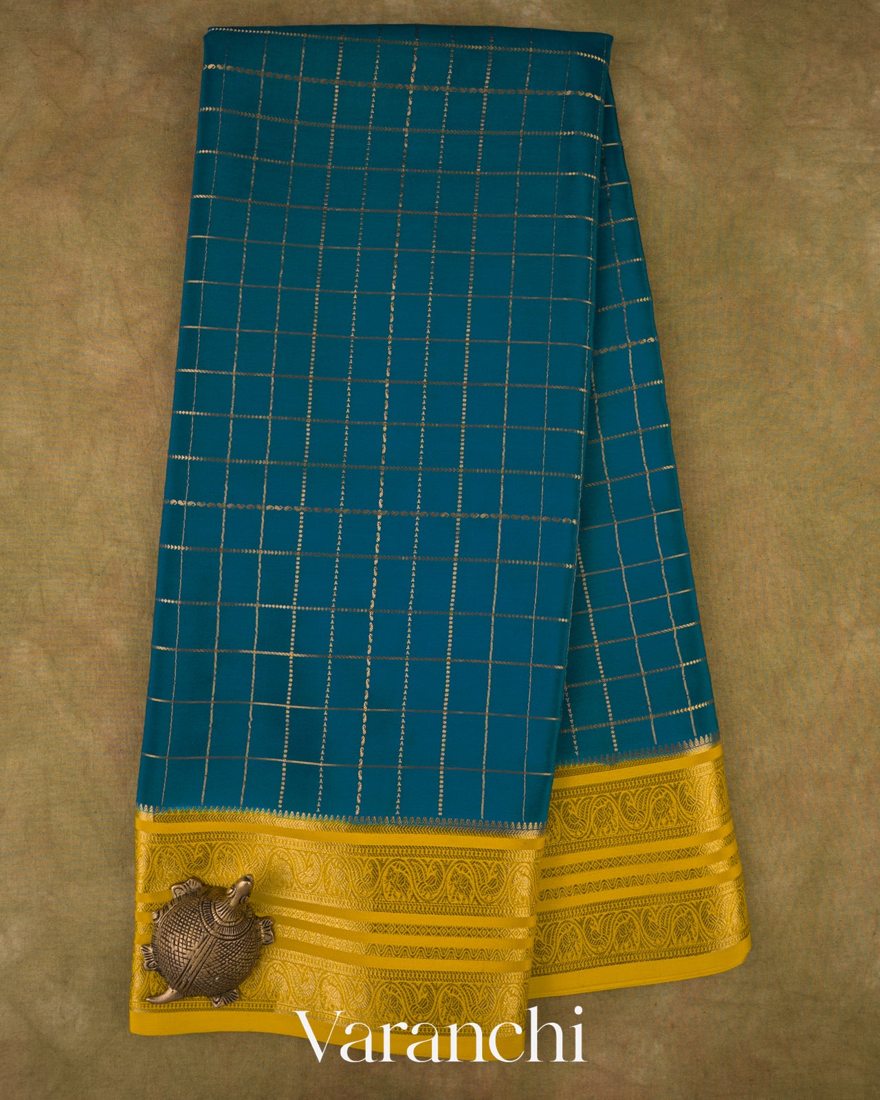 Peacock Blue Checkered Pure Mysore Crepe Silk Saree
