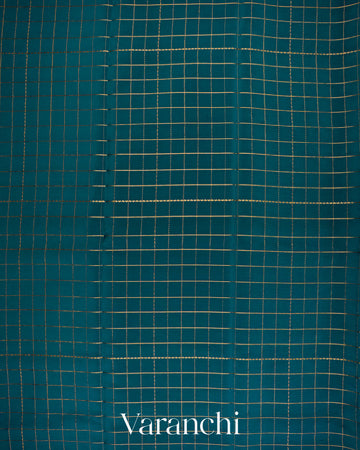 Peacock Blue Checkered Pure Mysore Crepe Silk Saree