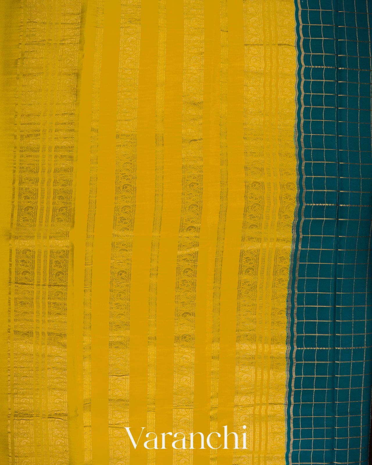 Peacock Blue Checkered Pure Mysore Crepe Silk Saree