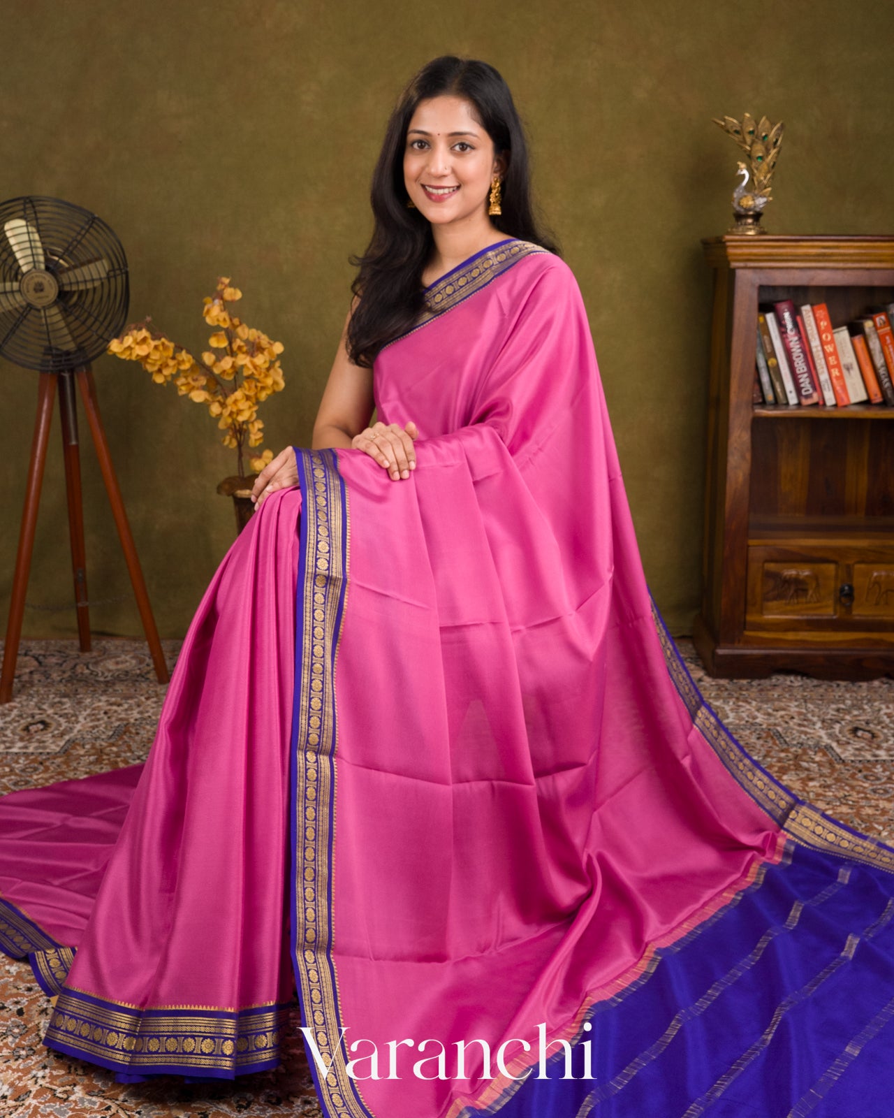 Bright Rose Pink Pure Mysore Crepe Silk Saree