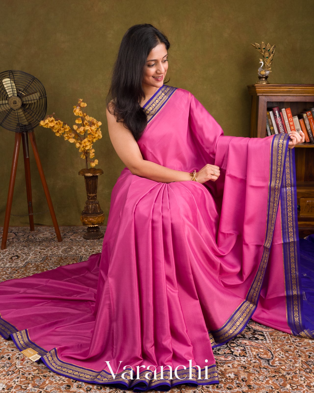 Bright Rose Pink Pure Mysore Crepe Silk Saree
