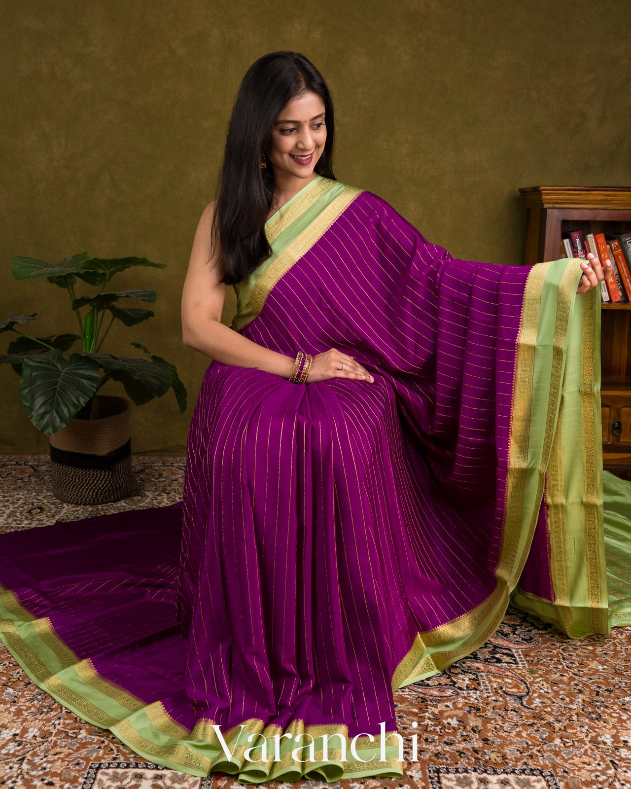 Purple Striped Pure Mysore Crepe Silk Saree