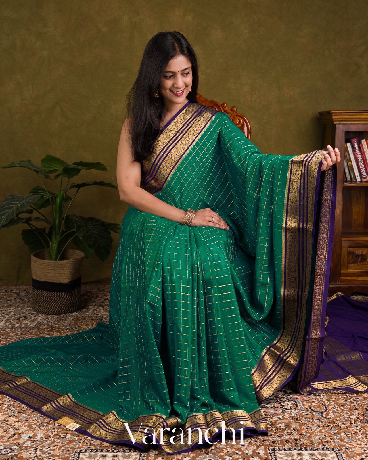 Ram Green Checkered Pure Mysore Crepe Silk Saree