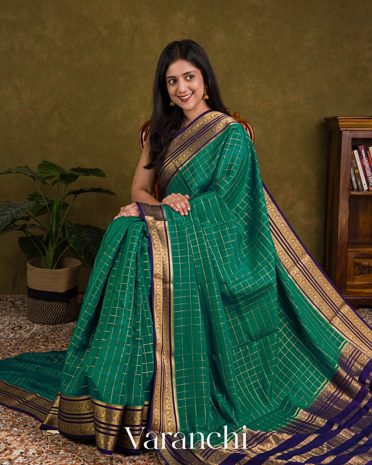 Ram Green Checkered Pure Mysore Crepe Silk Saree