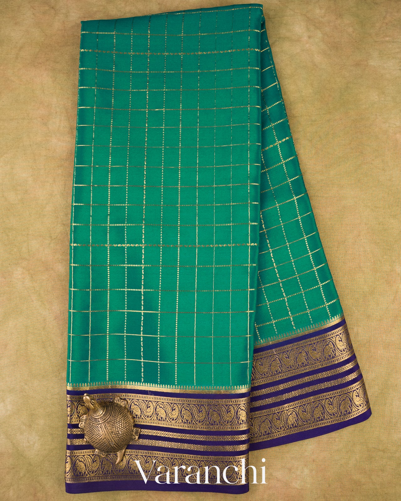 Ram Green Checkered Pure Mysore Crepe Silk Saree