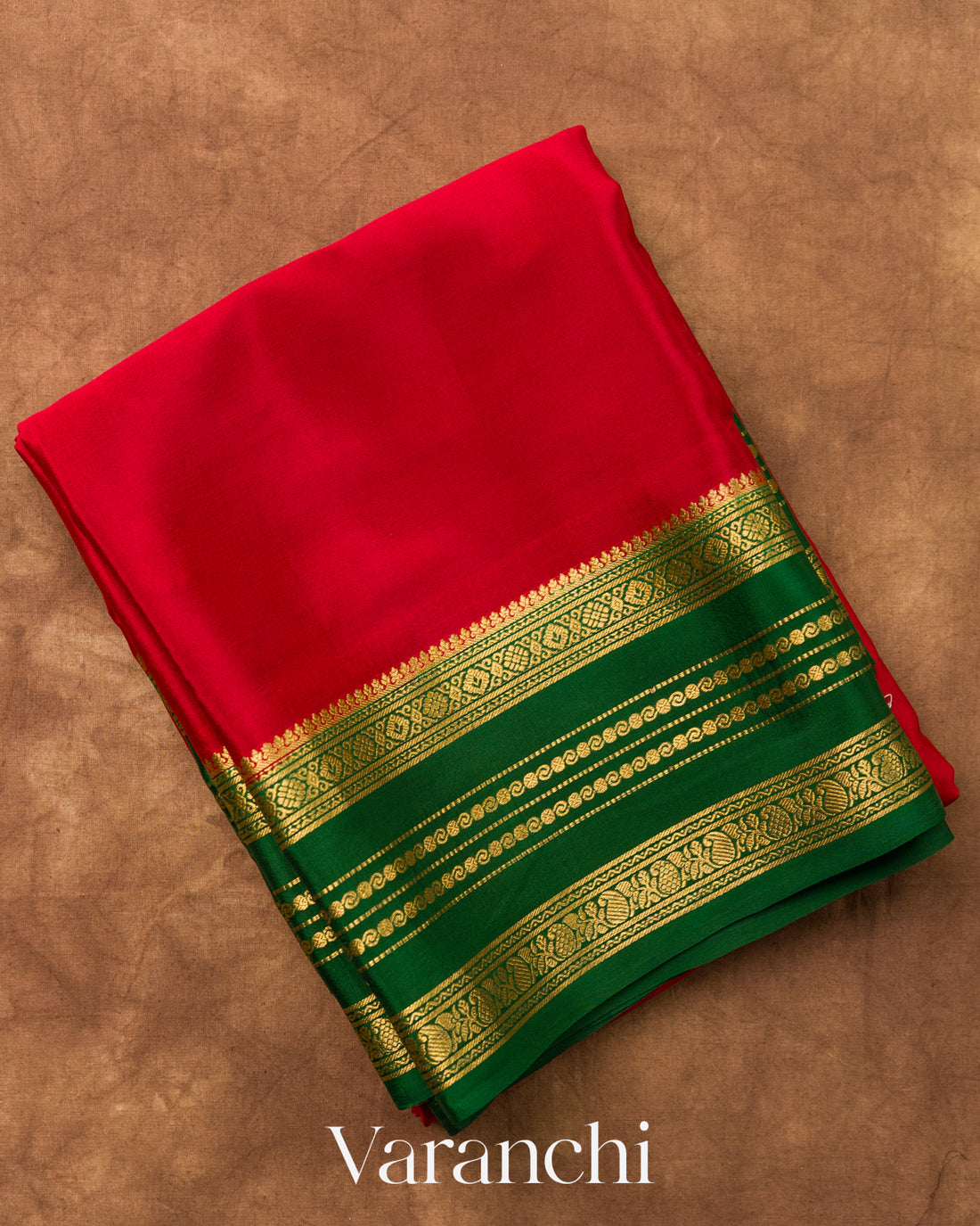 Bright Red with Patli Butta Pure Mysore Crepe Silk Saree