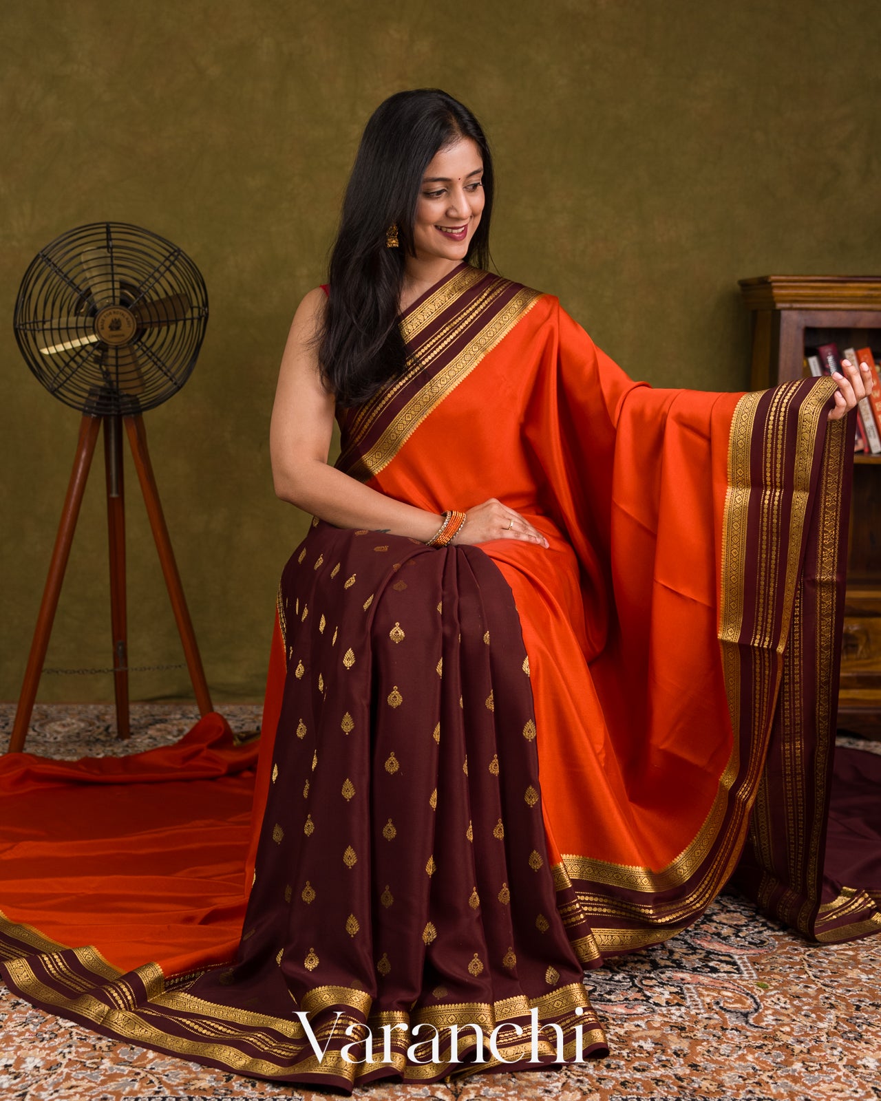 Rust Orange with Patli Butta Pure Mysore Crepe Silk Saree