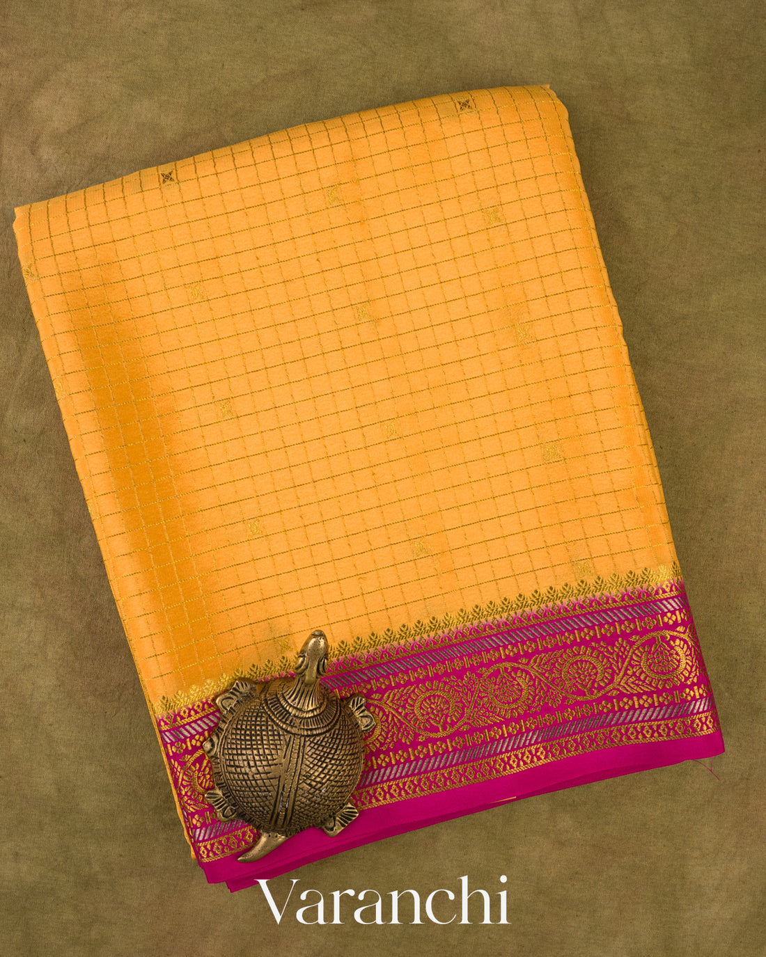 Marigold Yellow Checkered Pure Mysore Crepe Silk Saree