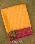 Marigold Yellow Checkered Pure Mysore Crepe Silk Saree