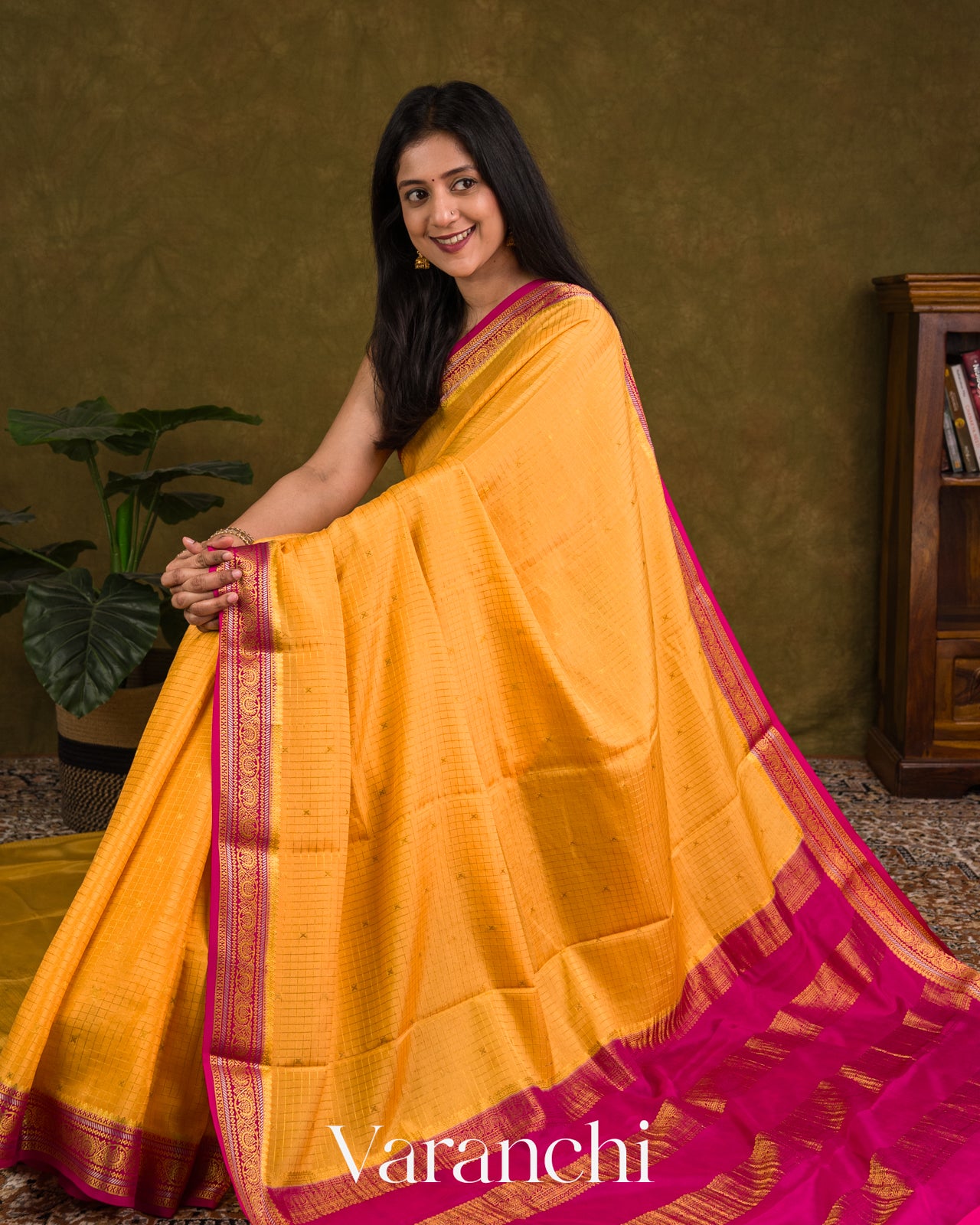 Marigold Yellow Checkered Pure Mysore Crepe Silk Saree