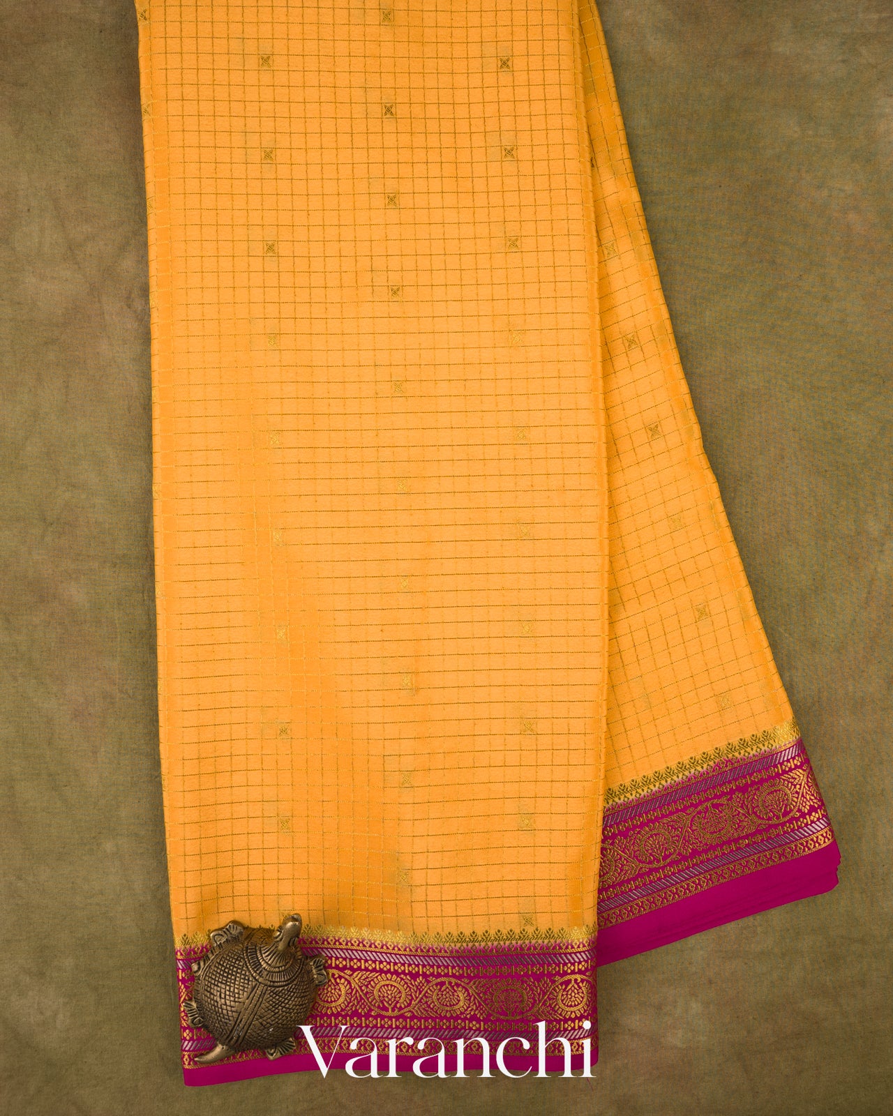 Marigold Yellow Checkered Pure Mysore Crepe Silk Saree