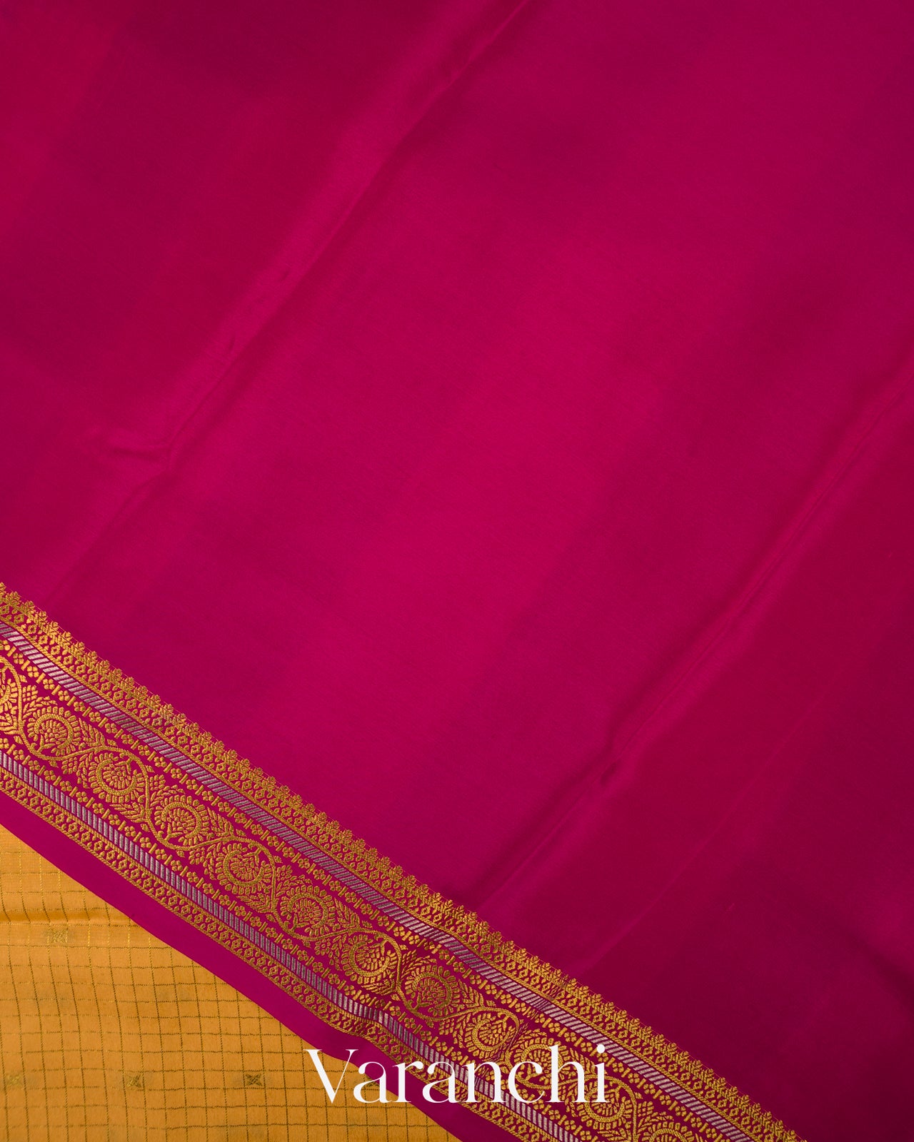 Marigold Yellow Checkered Pure Mysore Crepe Silk Saree