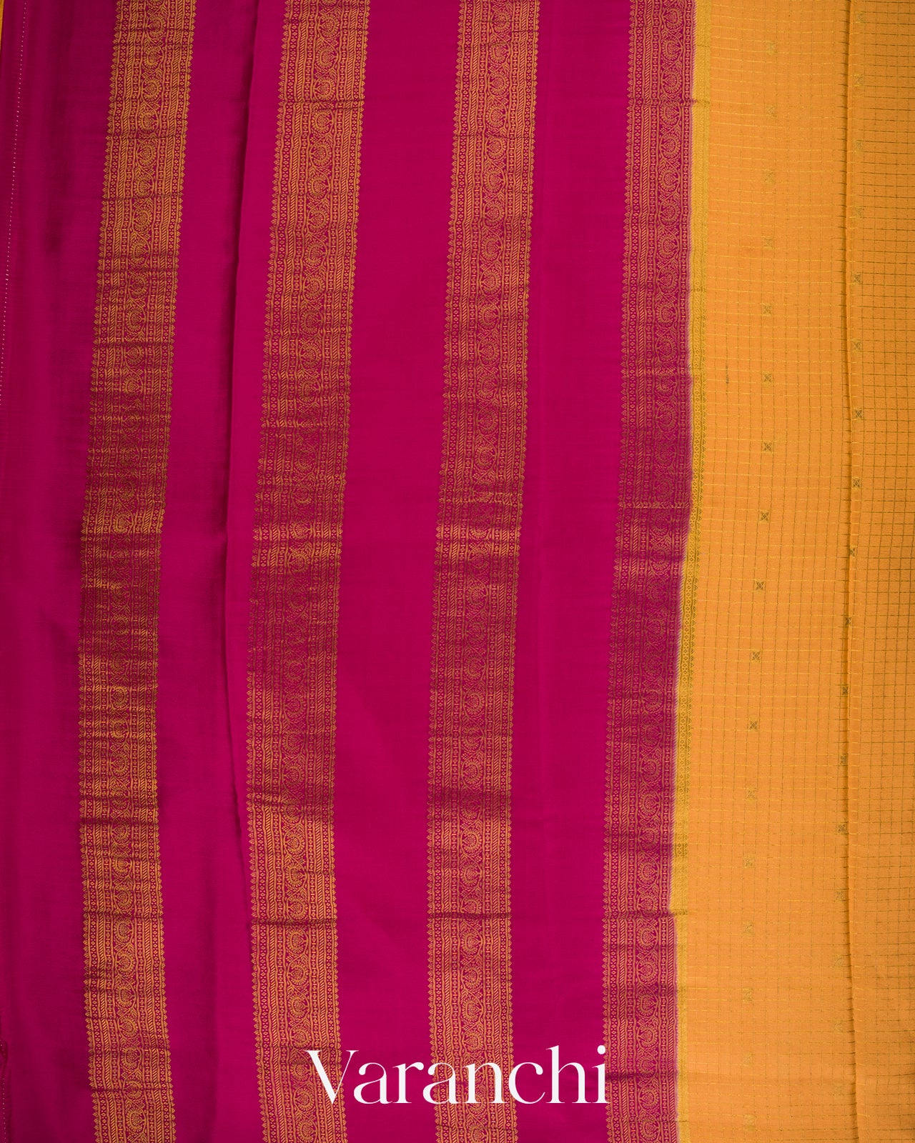 Marigold Yellow Checkered Pure Mysore Crepe Silk Saree