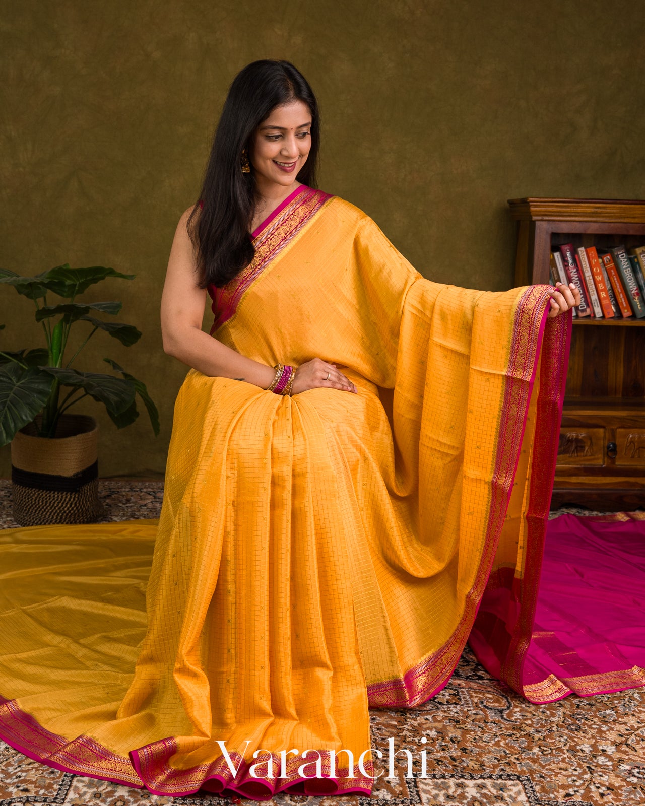 Marigold Yellow Checkered Pure Mysore Crepe Silk Saree