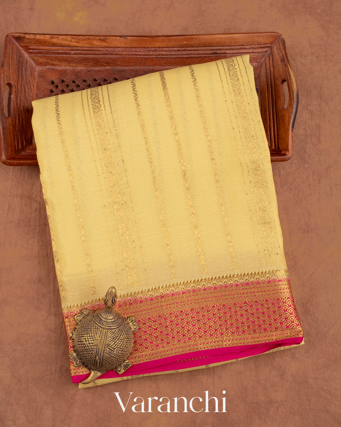 Butter Yellow Striped Pure Mysore Crepe Silk Saree