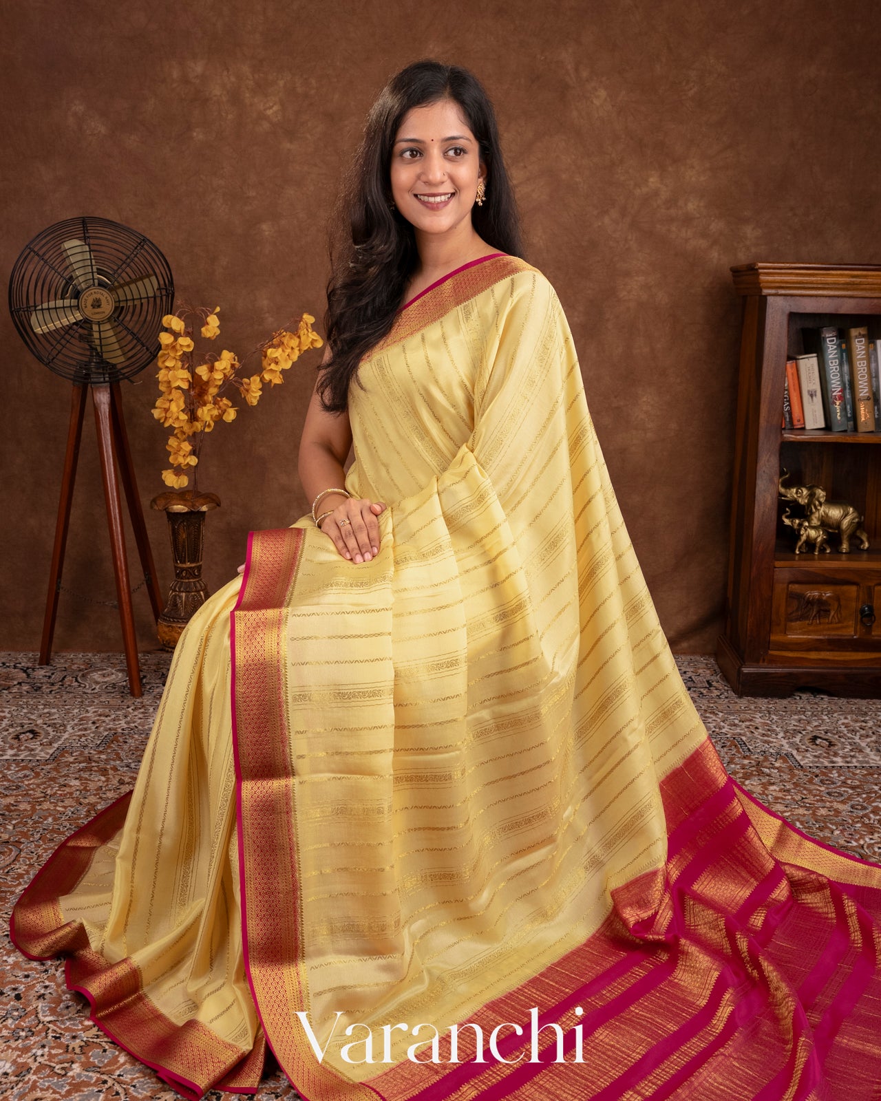 Butter Yellow Striped Pure Mysore Crepe Silk Saree