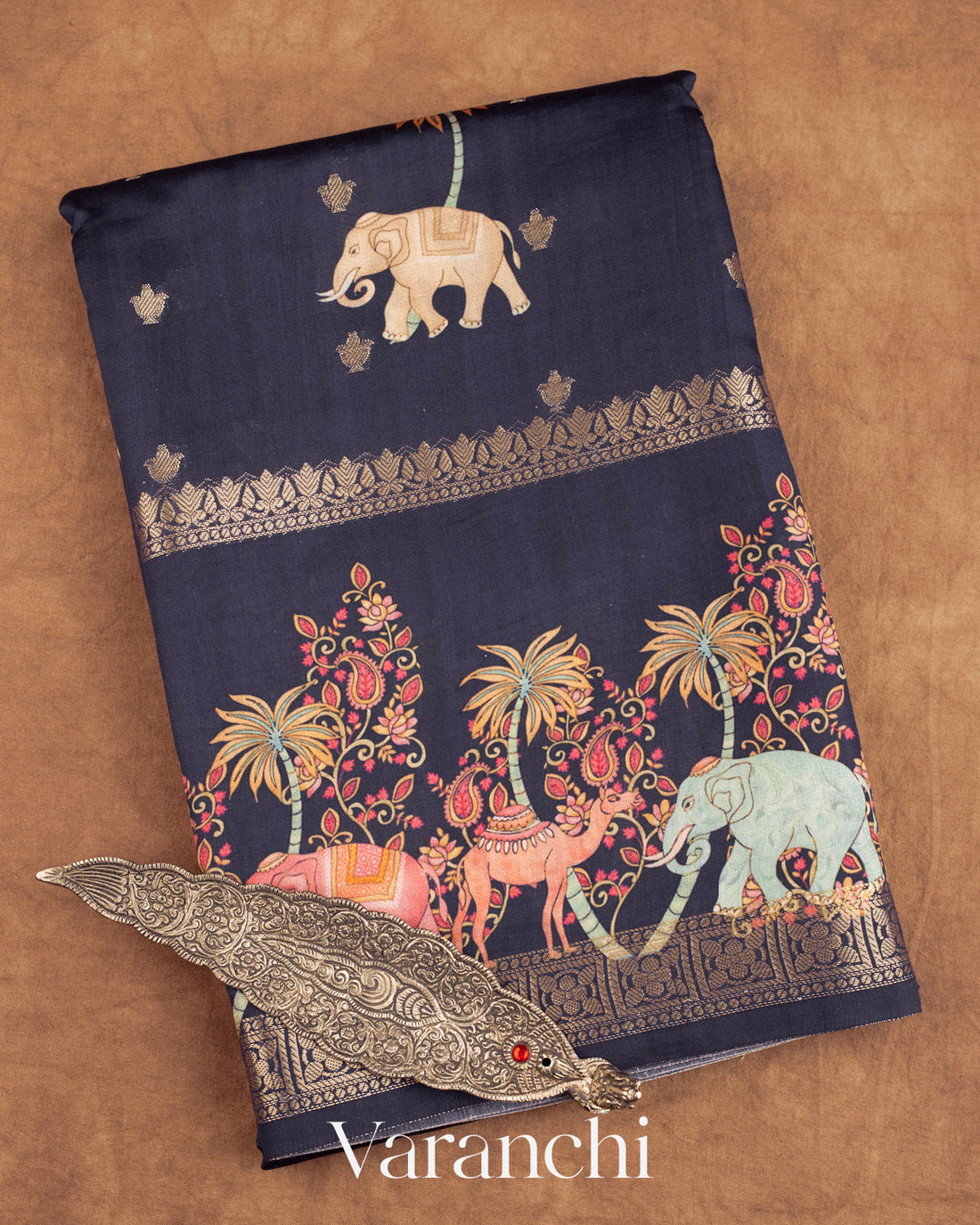 Deep Navy Blue Digital Printed Pure Moonga Silk Saree