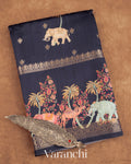 Deep Navy Blue Digital Printed Pure Moonga Silk Saree