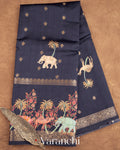 Deep Navy Blue Digital Printed Pure Moonga Silk Saree