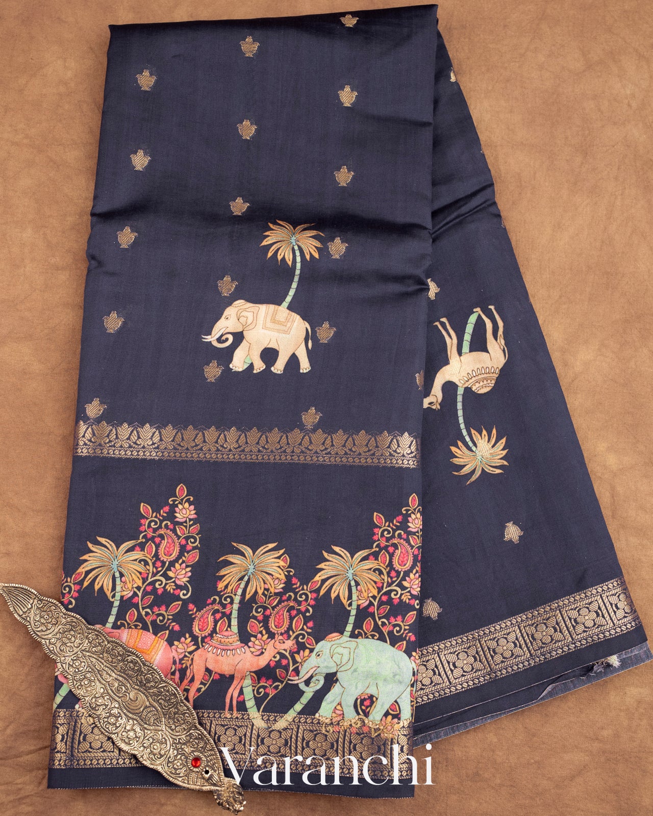 Deep Navy Blue Digital Printed Pure Moonga Silk Saree