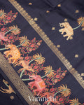 Deep Navy Blue Digital Printed Pure Moonga Silk Saree