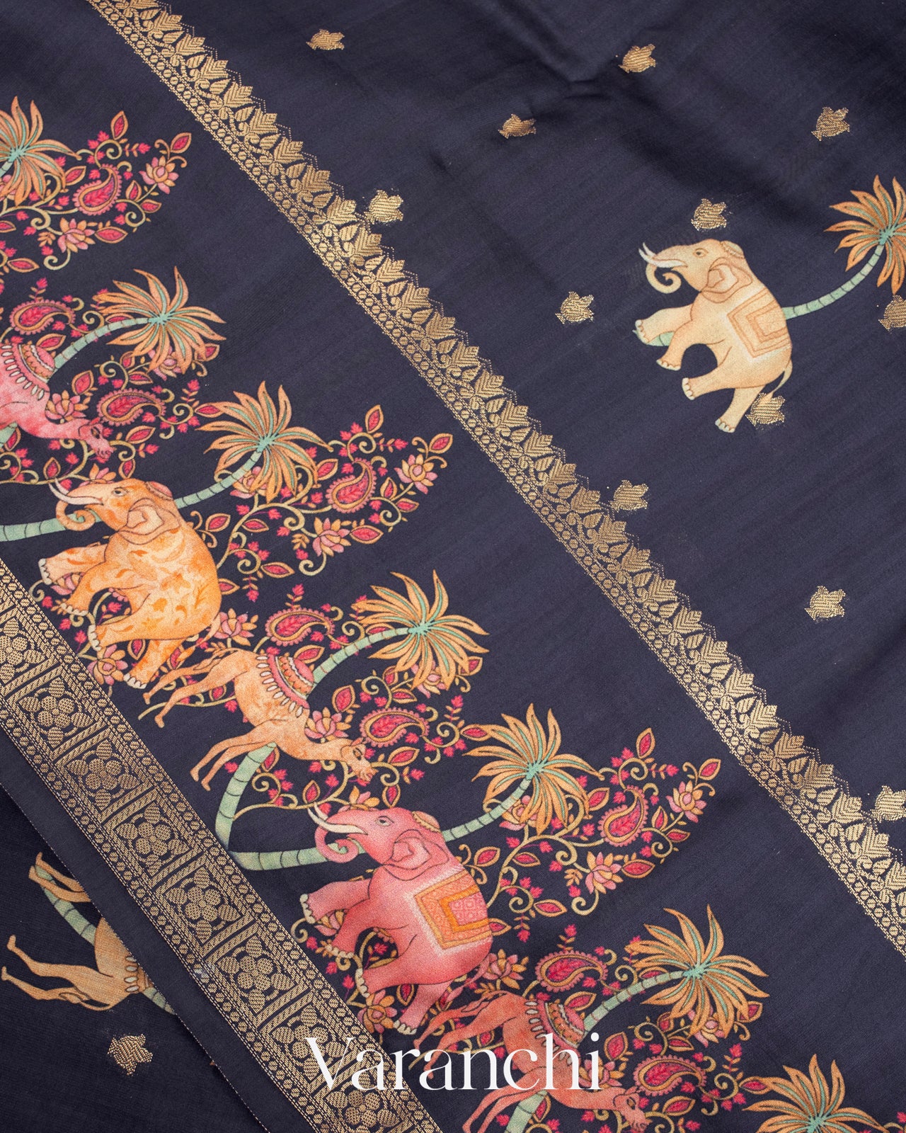 Deep Navy Blue Digital Printed Pure Moonga Silk Saree