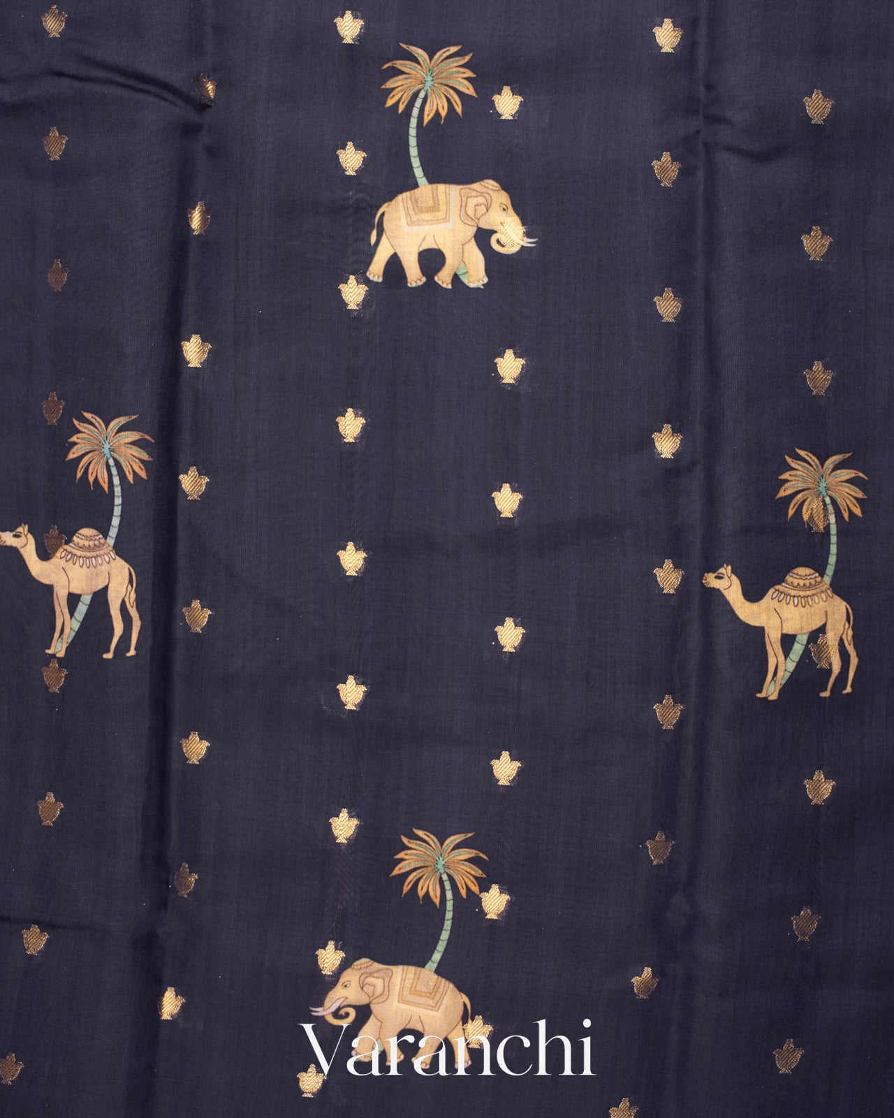 Deep Navy Blue Digital Printed Pure Moonga Silk Saree