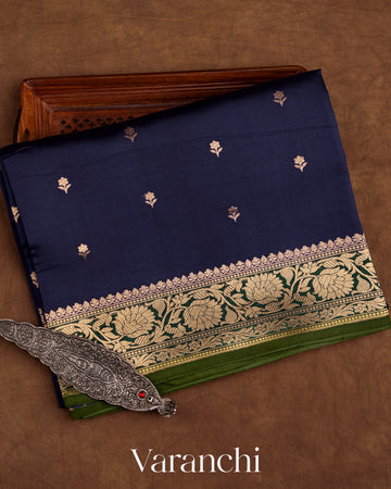 Navy Blue Pure Raw Mango Silk Handloom Saree