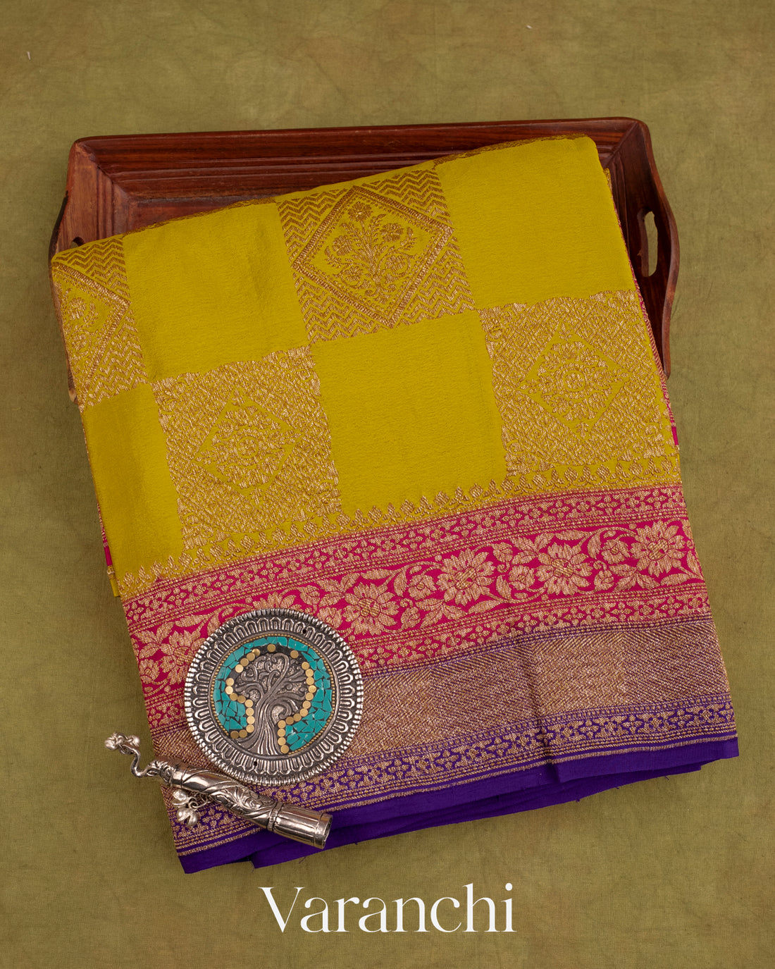 Olive Yellow Pure Crepe Silk Handloom Saree