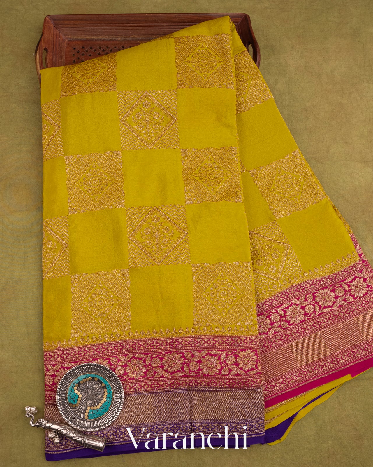 Olive Yellow Pure Crepe Silk Handloom Saree