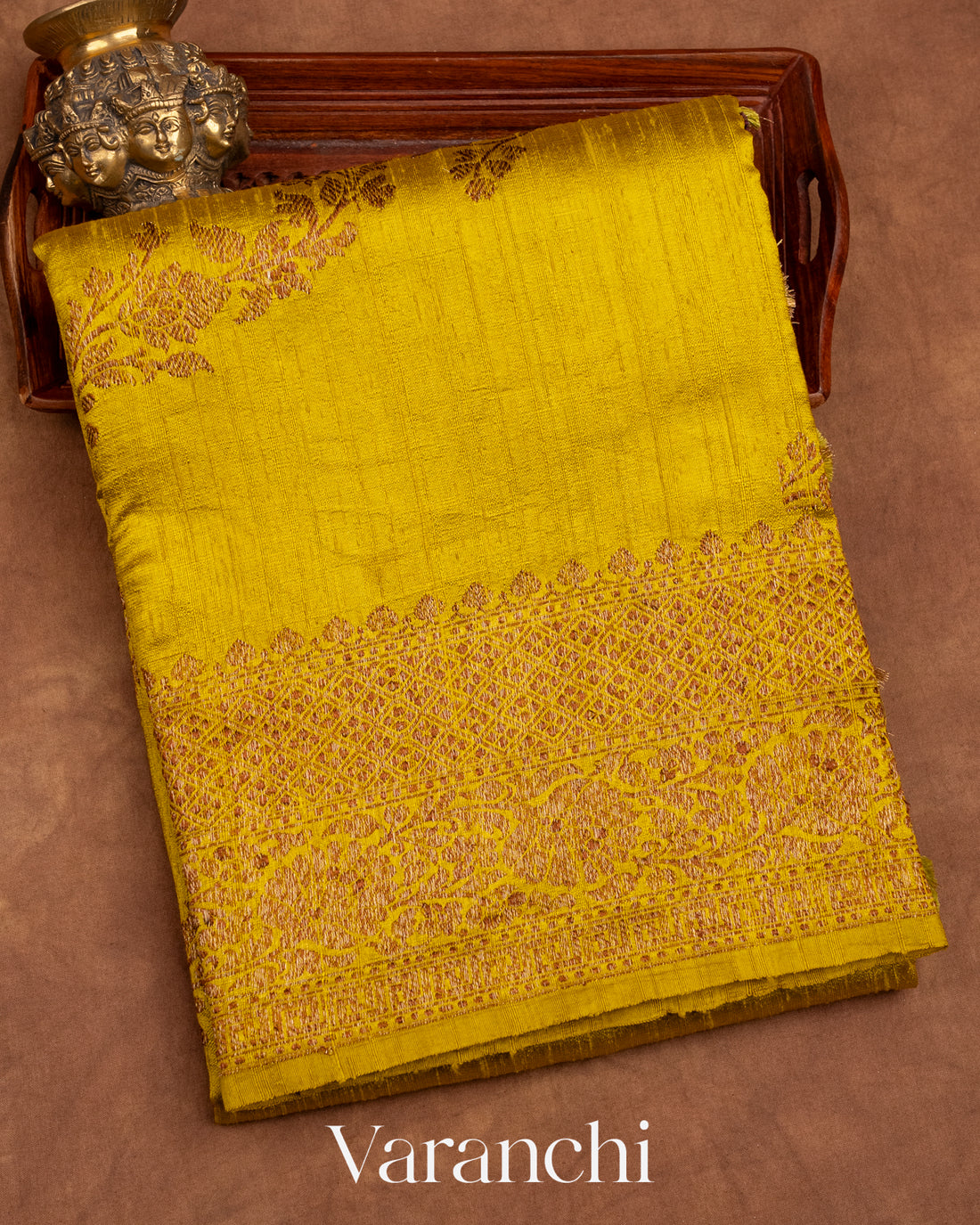 Olive Yellow Lehariya Pure Raw Silk Handloom Saree