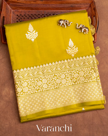 Olive Yellow Pure Raw Mango Silk Handloom Saree