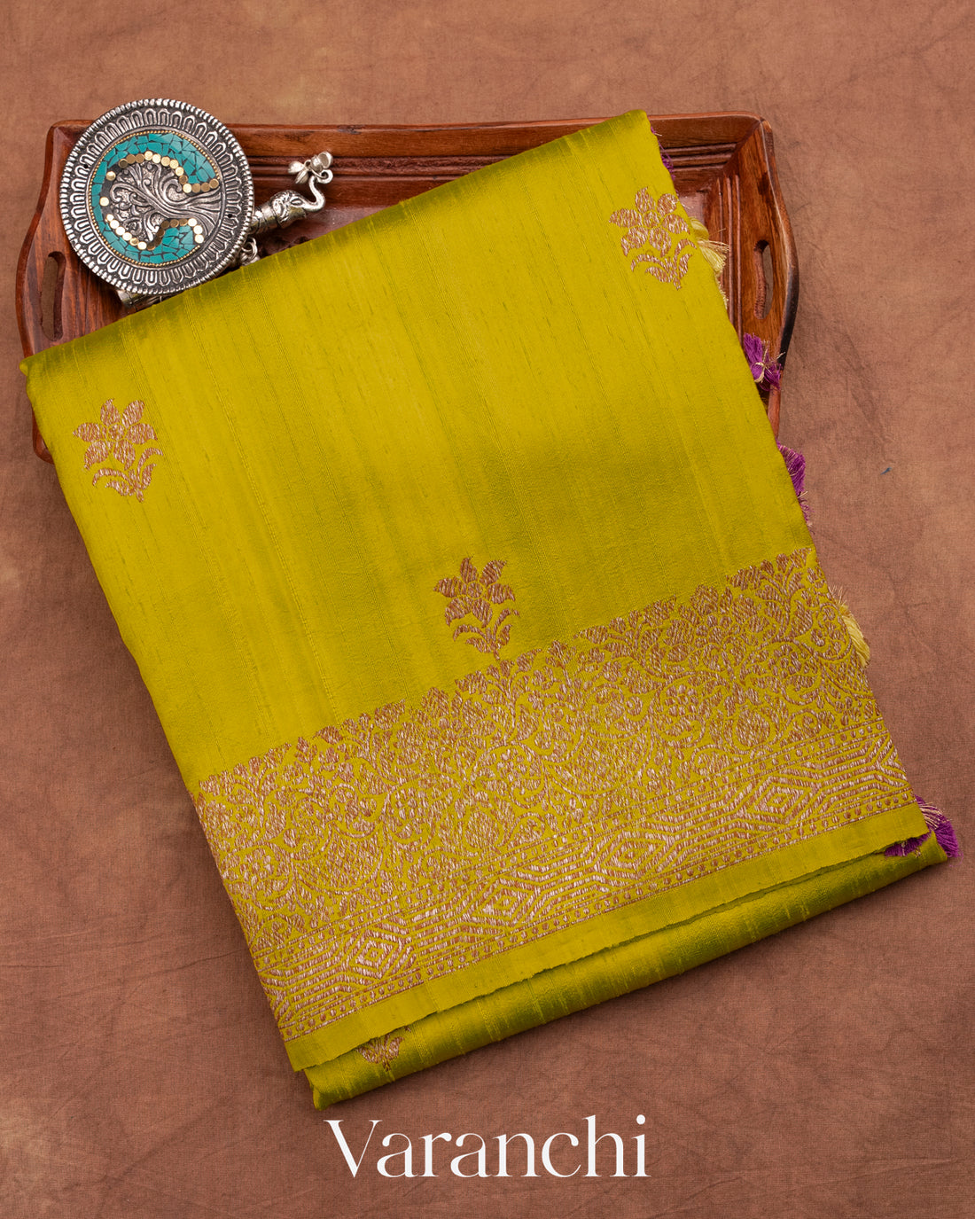 Olive Yellow Pure Raw Silk Handloom Saree