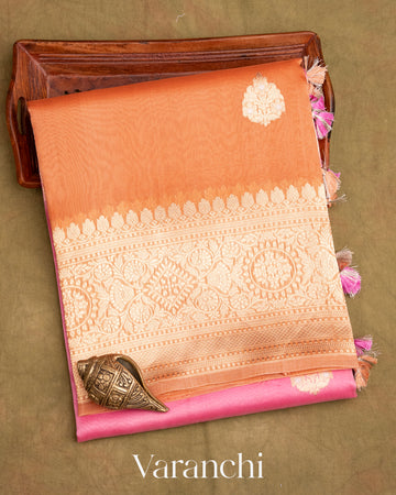 Bubblegum Pink Muskmelon Orange Pure Kora Silk Ombre-dyed Handloom Saree