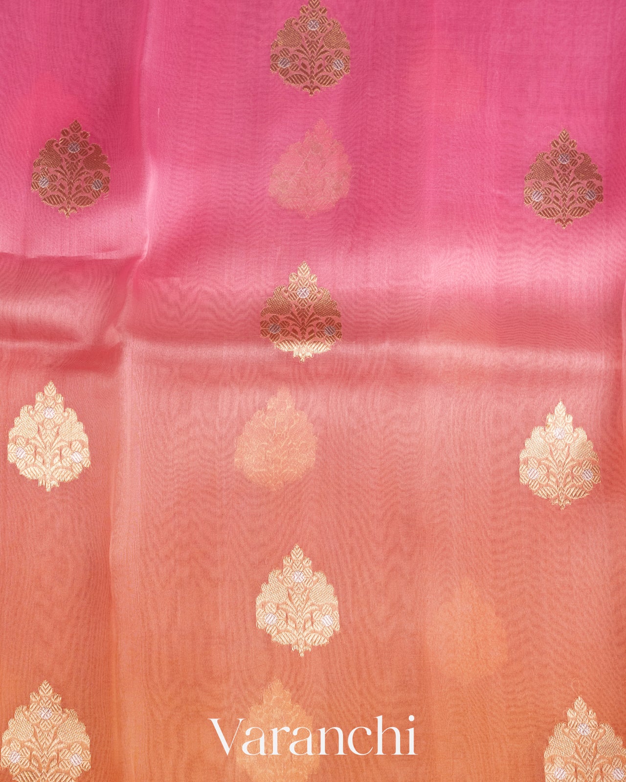 Bubblegum Pink Muskmelon Orange Pure Kora Silk Ombre-dyed Handloom Saree