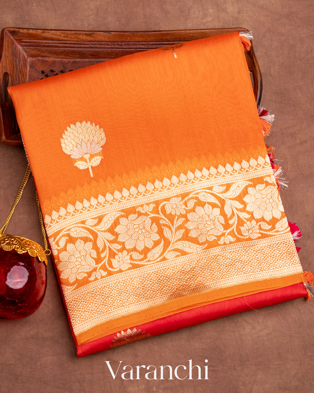 Sunset Orange Pure Kora Silk Ombre-dyed Handloom Saree