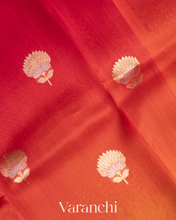 Sunset Orange Pure Kora Silk Ombre-dyed Handloom Saree