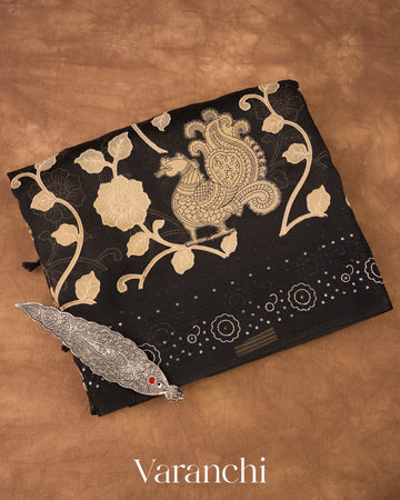 Black Peacock Applique and Embroidered Pure Kora Silk Saree
