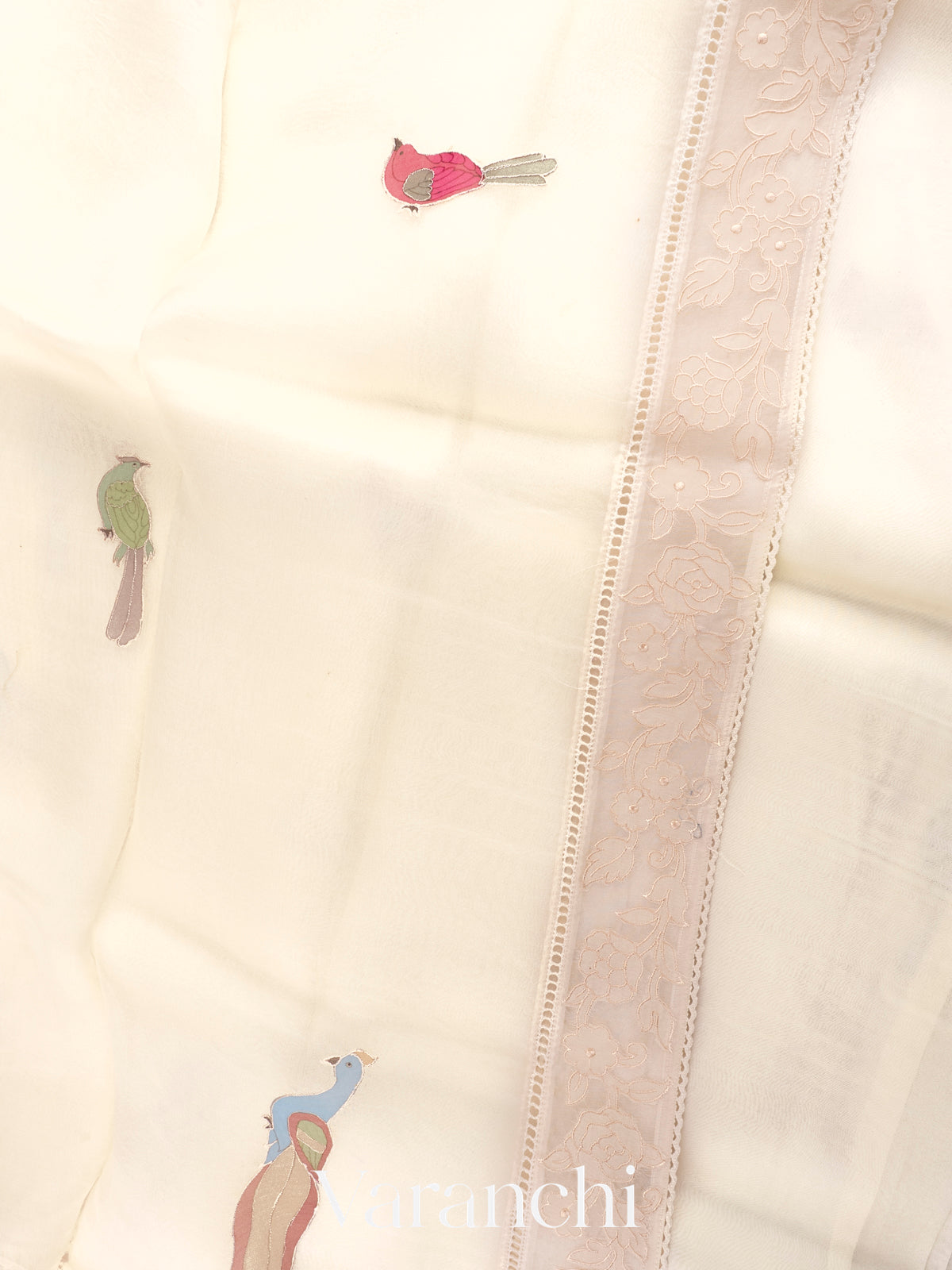 Off-White Bird Applique Pure Kora Silk Saree