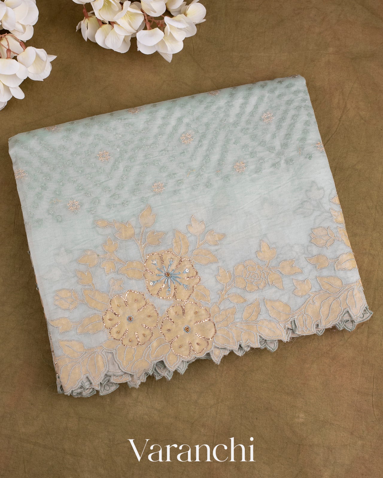 Pastel Blue Tissue Applique and Embroidered Pure Kora Silk Saree