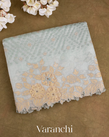 Pastel Blue Tissue Applique and Embroidered Pure Kora Silk Saree