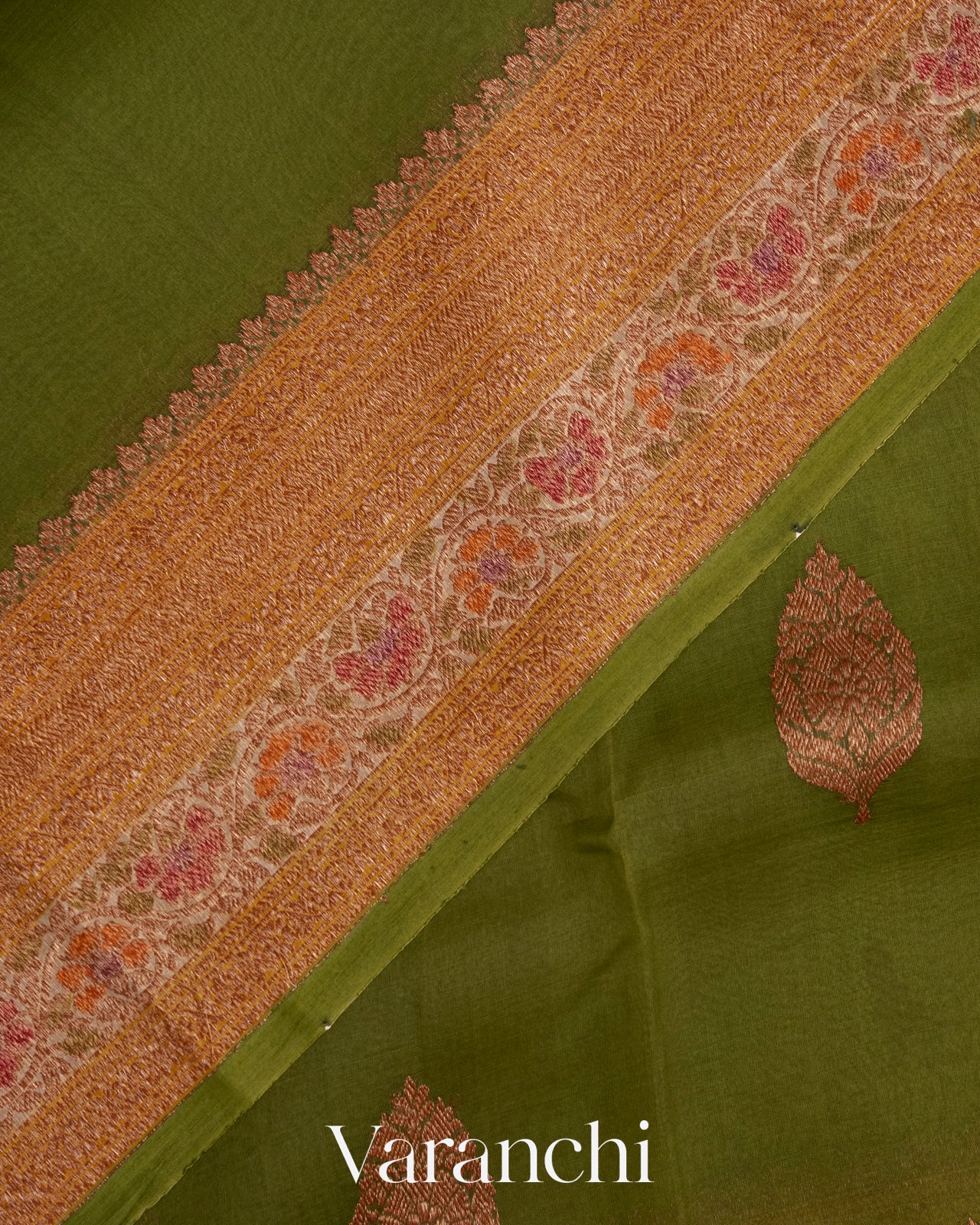 Olive Green and Mustard Yellow Pure Kora Silk Handloom Saree