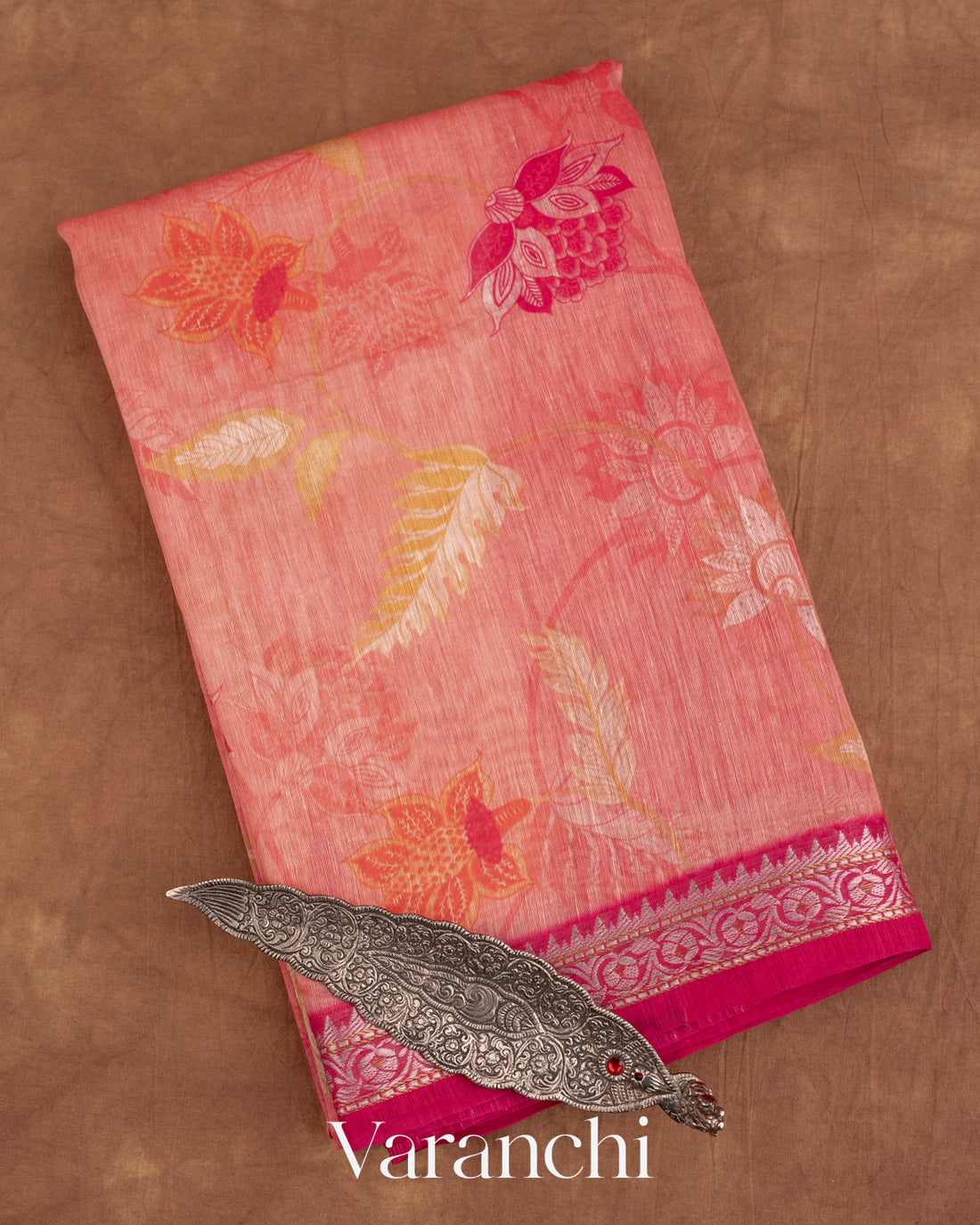 Coral Pink Printed Pure Silk Linen Saree