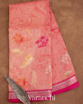 Coral Pink Printed Pure Silk Linen Saree